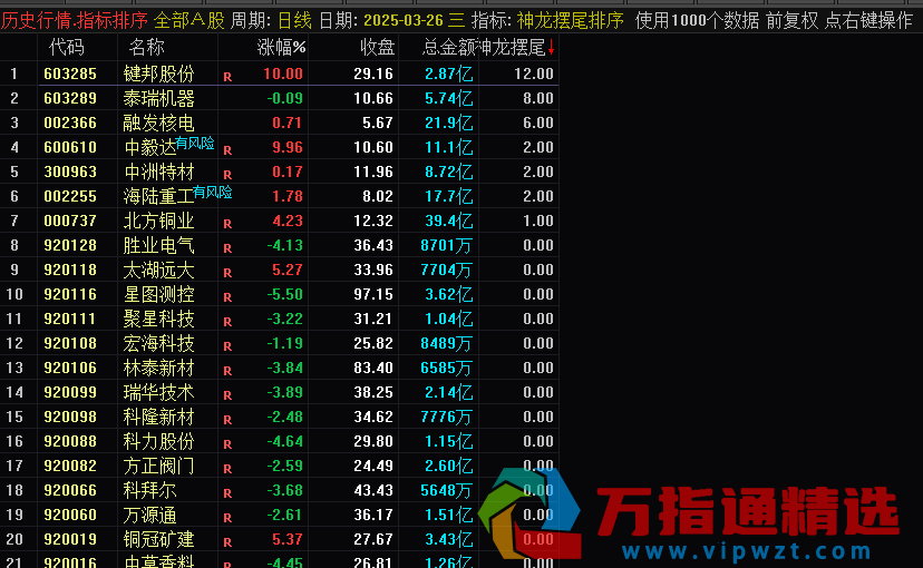 通达信《神龙摆尾早盘竞价排序》集合竞价 指标源码